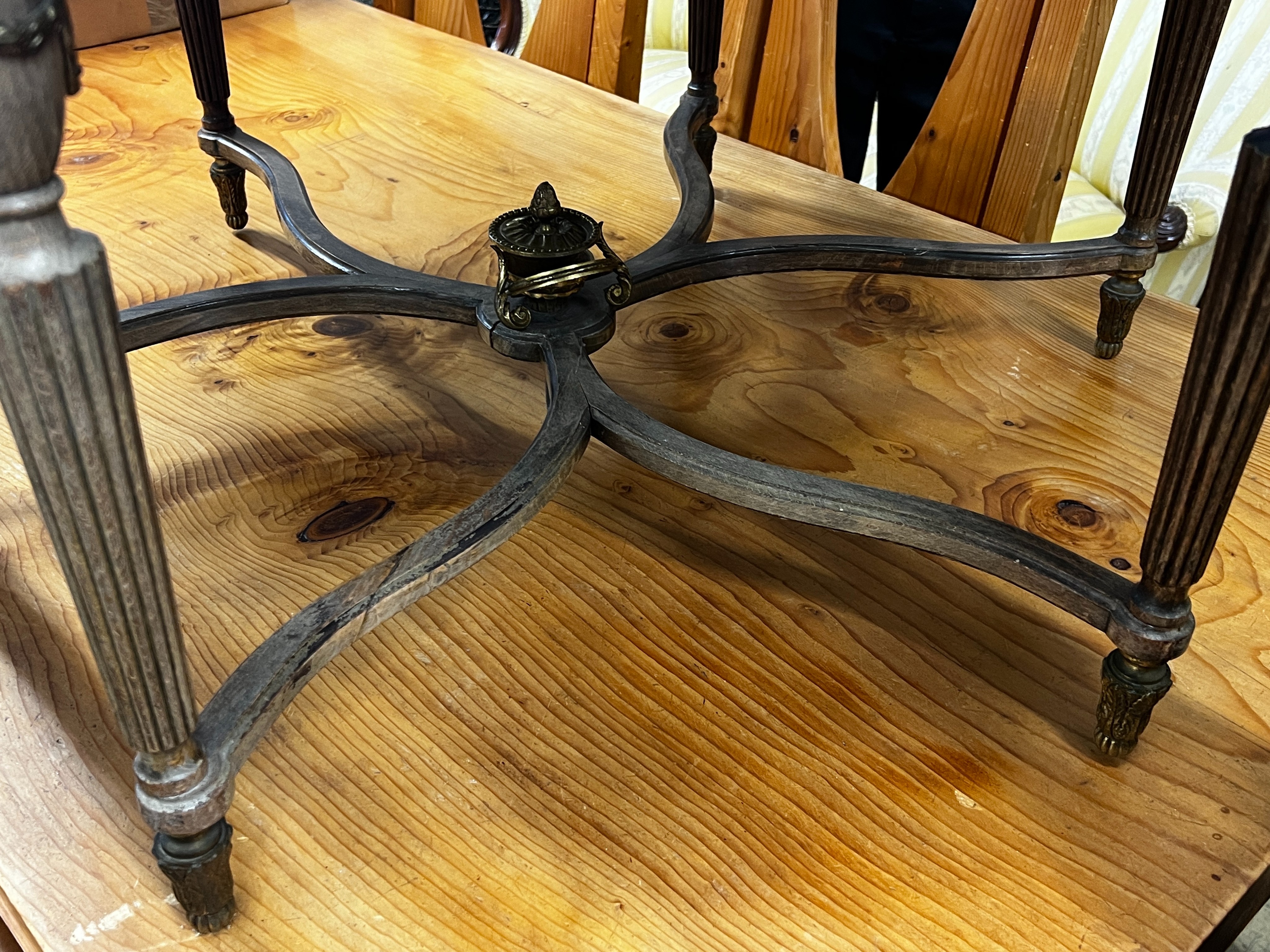 A Louis XVI design circular gilt metal and porcelain mounted marble top coffee table, diameter 84cm, height 48cm